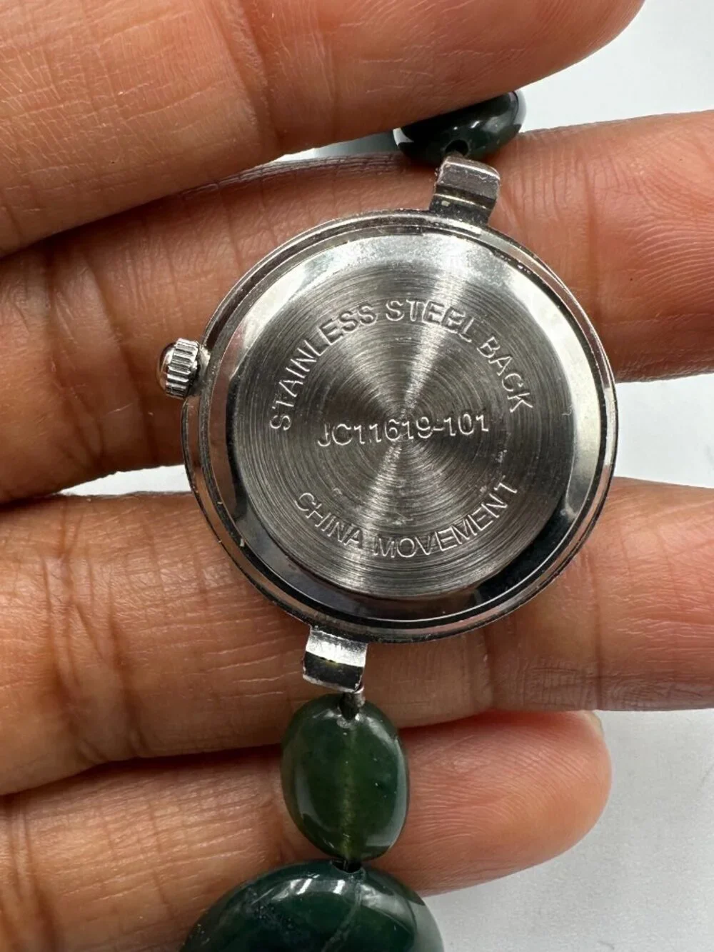 Beaded Band Watch Women Silver Tone Green Stones Magnetic Clasp New Battery